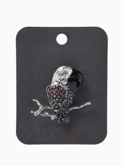 Брошь «Птица» какаду на ветке, цветная в серебре