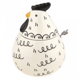 Банка для специй фарфоровая Петушок 460мл, д8-10,5см, h8,2см, с выемкой для ложки, общая h14,7см, металлическая ложка Веточка 12,3см, кремовый/черный с узором (Китай)