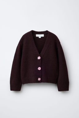 CARDIGAN WITH SATIN FLORAL BUTTONS