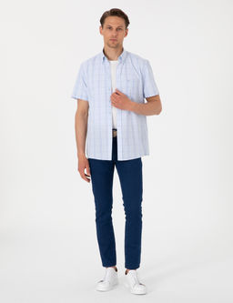 A__k Mavi Regular Fit Kareli K_sa Kollu G_mlek