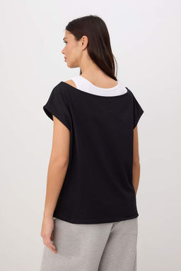Siyah Renk Bloklu Regular Kay?k Yaka Dusuk Kol K?sa Tok %100 Pamuk Orme T-Shirt TWOSS26TS00217 - Trendyolmilla фото 4