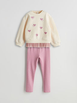 Bask?l? Kal?n K?z ?ocuk Sweatshirt ve Tayt 2li