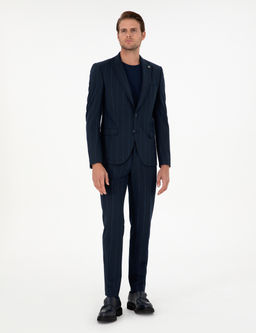 Lacivert Extra Slim Fit _izgili Tak_m Elbise