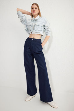 Koyu Mavi Pileli Yuksek Bel Wide Leg Jeans TWOSS25JE00040