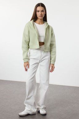 Mint Fermuarl? Kapusonlu Rahat Kesim Crop Kal?n Ici Polarl? Orme Sweatshirt TWOAW20SW0660