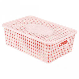 "Домашняя мода" Корзина-ящик пластмассовая для хранения "Вязанка-Розы" 33х23см h11см, с крышкой, с ручками розовый (Китай)