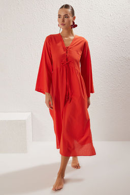 K?rm?z? Dokuma Buzgulu %100 Pamuk Maxi Plaj Elbise TBESS25EL00015