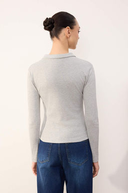 Gri Melanj Fitted/Vucuda Oturan Polo Yaka Dugmeli Pamuk Ribana Orme Bluz TWOSS26BZ00066 - Trendyolmilla фото 8