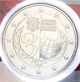 Монета 2 евро 2023 года Андорра 30 лет вступления Андорры в ООН (в буклете)