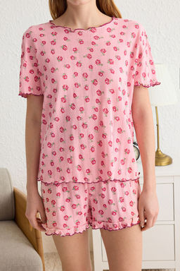 Trendyolmilla Pembe Cicekli F?rf?rl? Pointel Ajurlu/Delikli Sortlu Orme Pijama Tak?m? THMSS25PT00010  фото 4