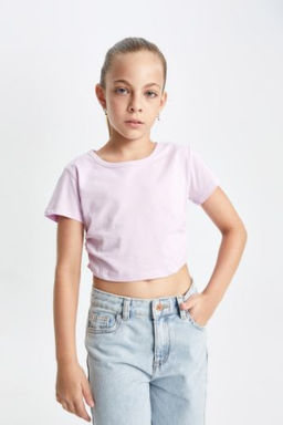 K?z Cocuk Crop Bisiklet Yaka Basic Duz K?sa Kollu Tisort