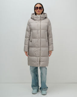 Пальто зимнее утепленное с капюшоном женское бежевого цвета 7618B