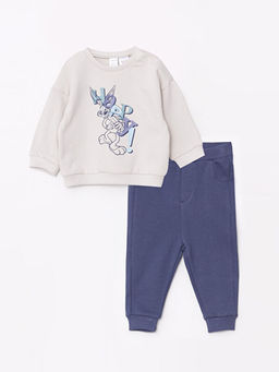 Bisiklet Yaka Uzun Kollu Bugs Bunny Bask?l? Erkek Bebek Sweatshirt ve Pantolon 2li Tak?m