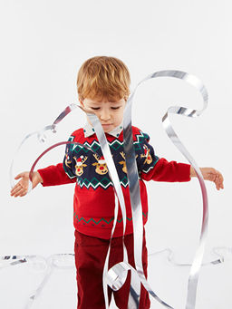 Bisiklet Yaka Uzun Kollu Y?lba?? Temal? Erkek Bebek Triko Kazak