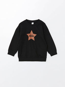 Bisiklet Yaka Bask?l? Erkek Bebek Sweatshirt