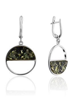 Серьги Монако с янтарём тёмно-зелёного цвета