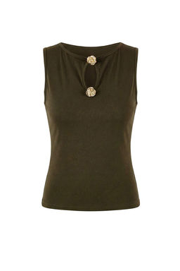 Haki Fitted/Vucuda Oturan Kay?k Yaka Kolsuz Aksesuar Detayl? Esnek Orme Bluz TWOSS26BZ00183