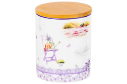 Банка д/хранения 650 мл 10*10*12,5 см "Лаванда" с деревянной крышкой с силик.уплотн. NEW BONE CHINA