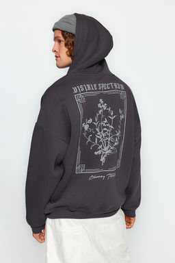 TRENDYOL MAN Antrasit Oversize/Genis Kesim Kapusonlu Cicek Bask? Ici Polar/S?cak Tutan Sweatshirt TMNAW24SW00100