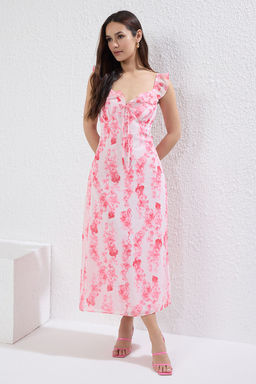 TRENDYOLMILLA Sar? Cicekli F?rf?rl? Midi Dokuma Elbise TWOSS25EL00568  фото 2