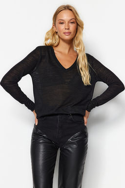 Trendyolmilla Siyah V Yaka Keten Gorunumlu Uzun Kollu Regular/Normal Kal?p Orme Bluz TWOAW24BZ00054