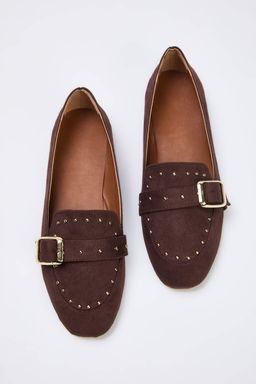 Koyu Kahverengi Suet Gold Trok Detayl? Kad?n Loafer Ayakkab? TAKAW26LA00009