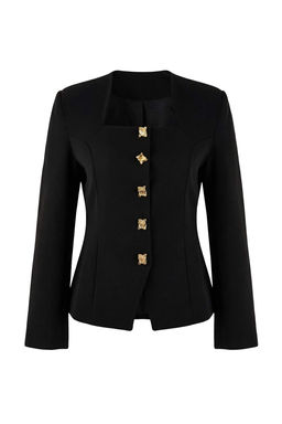 Siyah Kare Yaka Aksesuar Dugmeli Fitted/Vucuda Oturan Dokuma Astarl? Blazer Ceket TWOSS26BC00009