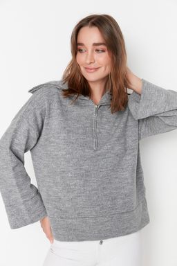 Gri Genis Kal?p Yumusak Dokulu Basic Triko Kazak TWOAW23KZ00236