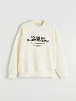 Bisiklet Yaka Bask?l? Oversize Kad?n Sweatshirt