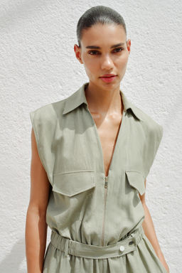 LINEN BLEND BELTED JUMPSUIT - Zara фото 9