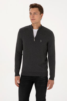 Erkek Slim Fit Yar_m Fermuarl_ Antrasit Melanj Basic Kazak