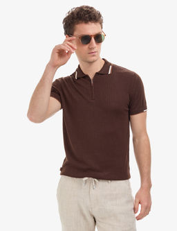 Kahverengi Slim Fit Polo Yaka Fermuarl_ Triko Ti__rt