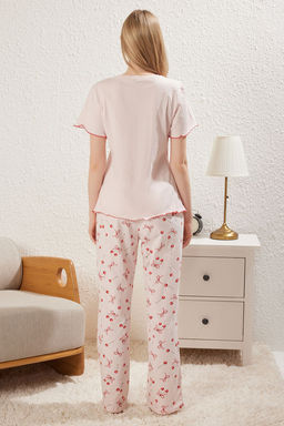 Trendyolmilla Pudra %100 Pamuklu Kiraz ve Kurdele/Fiyonk Desenli Orme Pijama Tak?m? THMSS25PT00188  фото 5