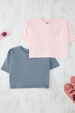 Antrasit-Pembe 2li K?z Cocuk Pamuklu Slogan Bask?l? Crop K?sa Kol Orme T-Shirt TKDSS25TS00055 - Trendyolmilla фото 4