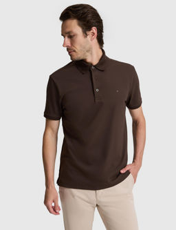 Kahverengi Slim Fit Pamuk Kar___ml_ D__meli Polo Yaka Basic T-shirt