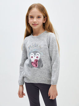 Bisiklet Yaka Desenli Uzun Kollu K?z ?ocuk Triko Kazak