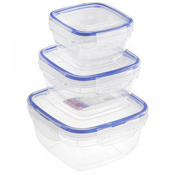 Контейнер для продуктов пластмассовый набор 3шт: 0,275л - 9,5х9,5х5,6см, 0,5л - 12х12х6,5см, 0,9л - 14,3х14,3х8см, квадратный, с клипсами, воздухонепроницаемый (герметичный), съемный силиконовый уплотнитель, подходит для СВЧ (Россия)