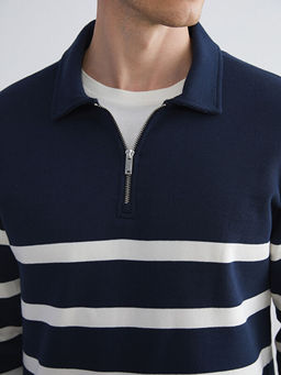 Polo Yaka Uzun Kollu ?izgili Erkek Sweatshirt