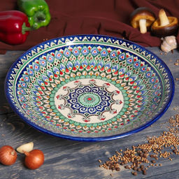 Ляган узбекский Риштанская Керамика «Узоры», d=33 см, глубокий, синий
