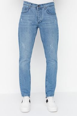 TRENDYOL MAN Ac?k Mavi Esnek Kumas T?rnakl? Destroylu Slim Fit Dar Kesim Jeans Kot Pantolon TMNSS21JE0067