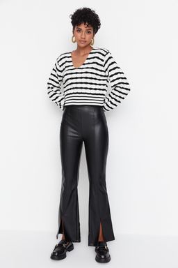 TRENDYOLMILLA Siyah Flare Ispanyol Paca Dokuma Suni Deri Pacas? Y?rtmac Detayl? Pantolon TWOAW23PL00056  фото 3