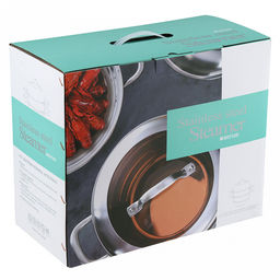 Кастрюля из нержавеющей стали "Аксай" 9,7л, д29,5см, h17,7см, s0,35мм, матовая полировка, стеклянная крышка (общая h21,5см), металлические ручки, с теплораспределительным дном 0,5см, цветная коробка (Китай)