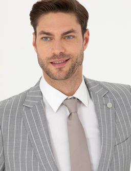 Gri Extra Slim Fit _izgili Y_n Kar___ml_ Tak_m Elbise