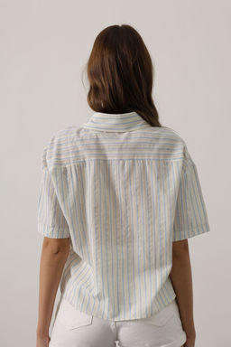Ekru Yumusak Tuseli Cizgili K?sa Kollu Gomlek TWOAW26GO00076 - Trendyolmilla фото 9