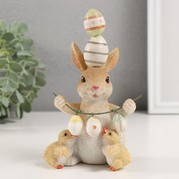 Фигурка полистоун Зайка с пасхальными яичками и птенцами, 9.5?9?16 см