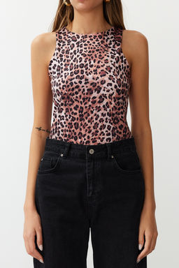 Ac?k Kahverengi Leopar Desenli Halter Yaka Esnek Alttan C?tc?tl? Orme Body TWOSS20BD0044