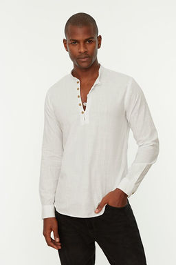 Beyaz Slim Fit Yar_m Patl_ D__meli Hakim Yaka %100 Pamuklu G_mlek TMNSS20GO0097