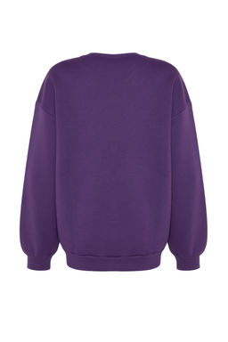 Mor Oversize/Rahat Kesim Basic Bisiklet Yaka Kal?n/Ici polarl? Orme Sweatshirt TWOAW24SW00102