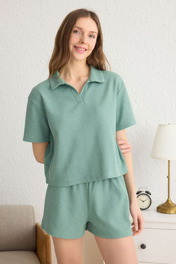 Trendyolmilla Antrasit Slogan Etiket Detayl? Waffle Kumas Sortlu Orme Pijama Tak?m? THMSS25PT00072  фото 9