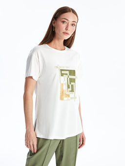 Bisiklet Yaka Bask?l? K?sa Kollu Kad?n Ti??rt